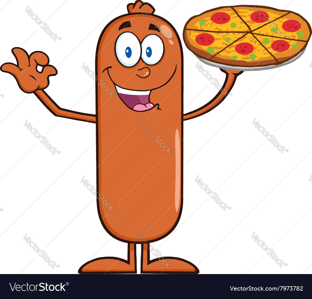 Sausage Cartoon with Pizza Royalty Free Vector Image