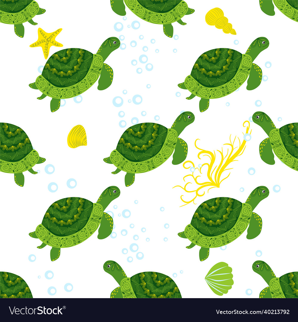 Turtle green seamless pattern beautiful character Vector Image