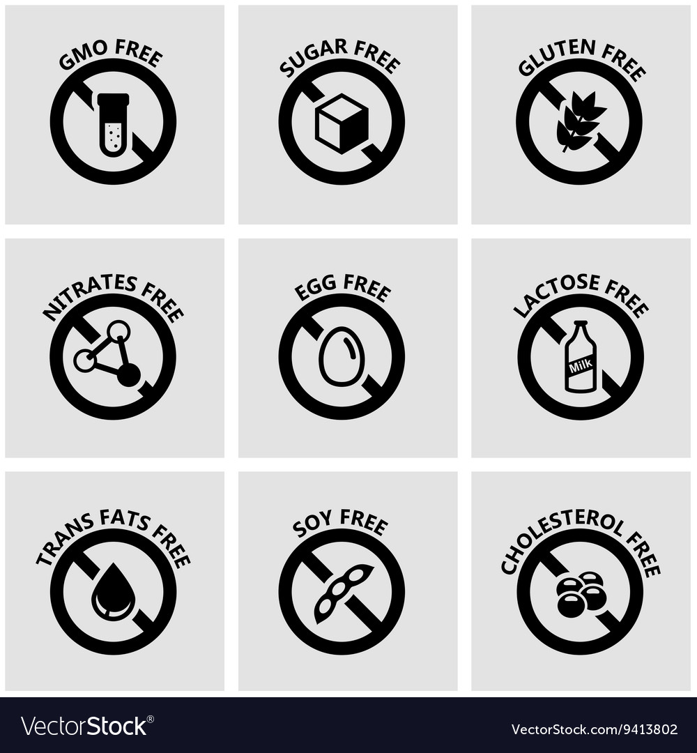 Black food dietary labels icon set Royalty Free Vector Image