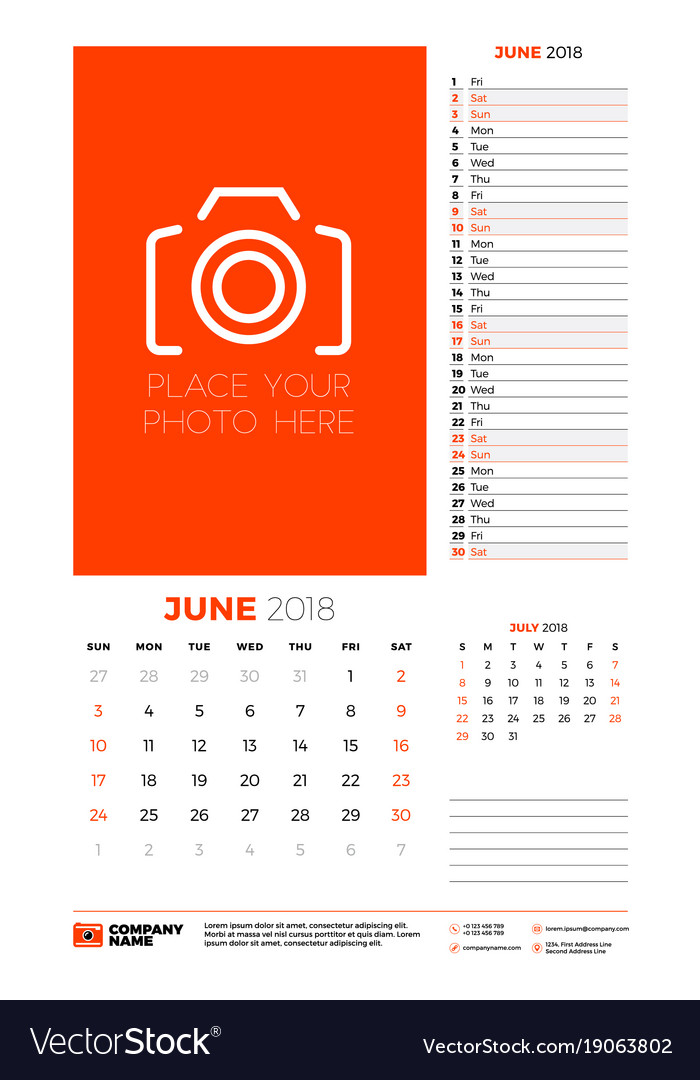 Calendar planner template for 2018 year june