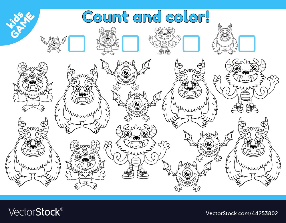 Count and color math game cartoon monsters1 Vector Image