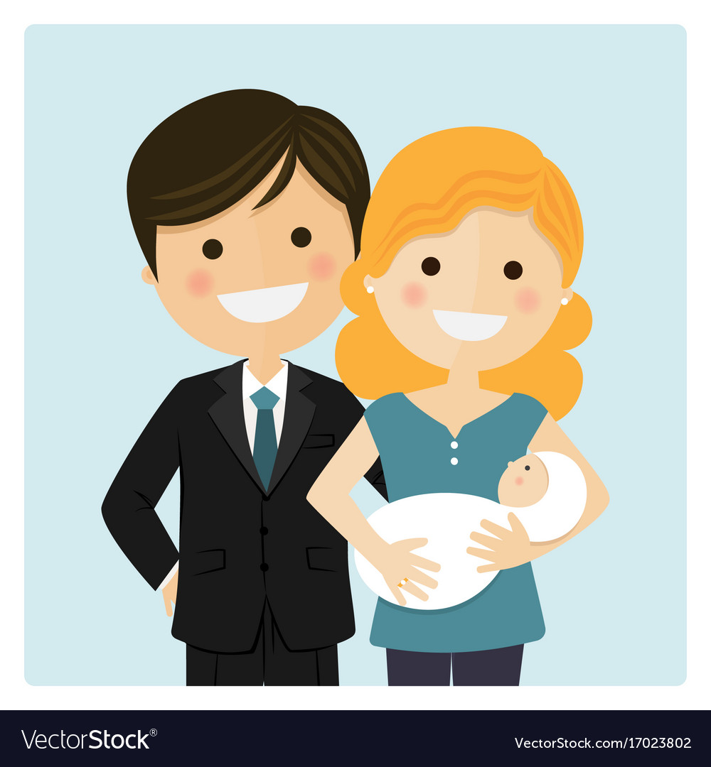 Family with a newborn baby on blue background