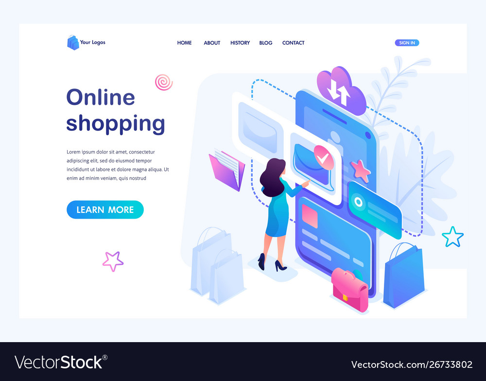 Isometric concept young girl shopping online using