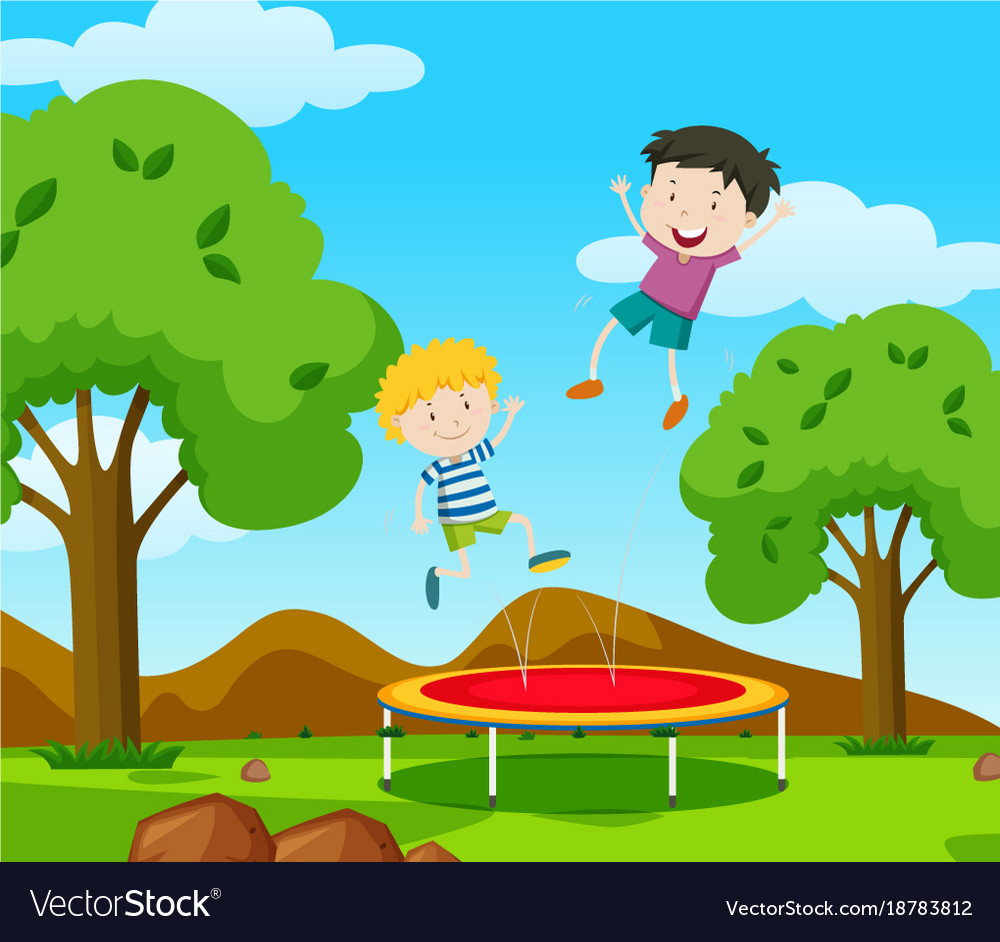 Two boys bouncing on trampoline in the park Vector Image