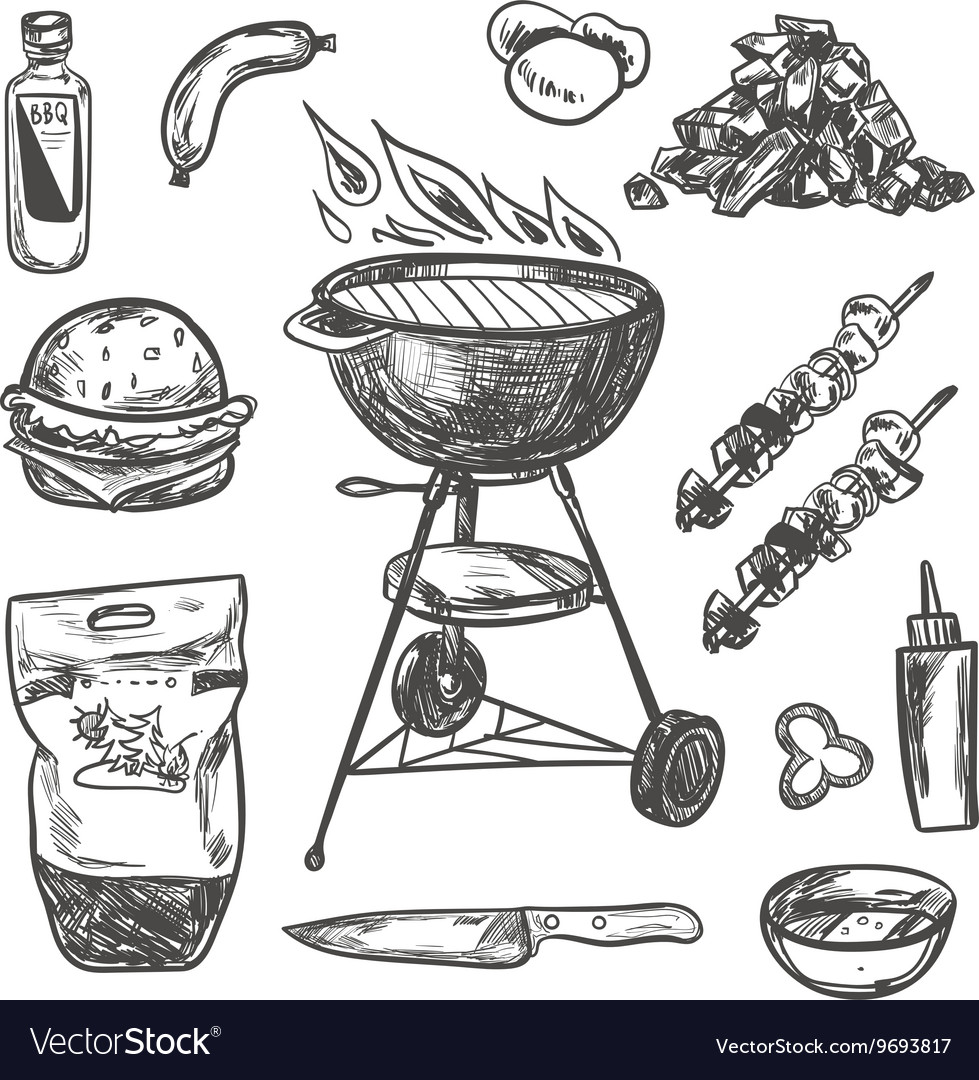 Bbq grill sketch set hand drawn Royalty Free Vector Image