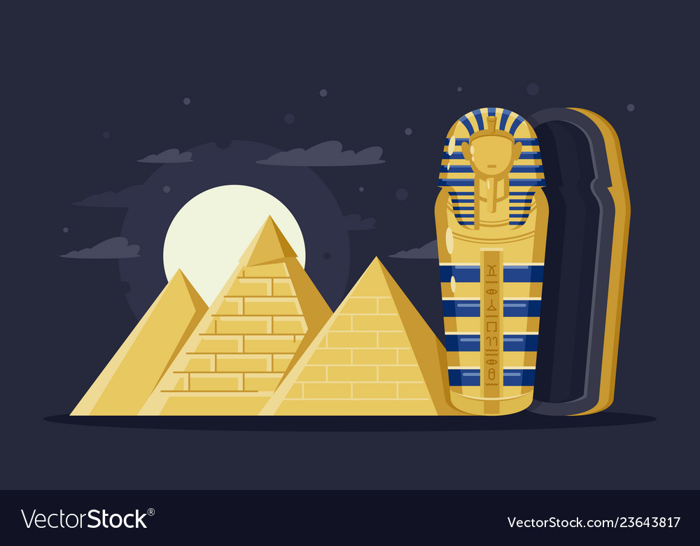 Flat night ancient egypt with pyramids moon and Vector Image