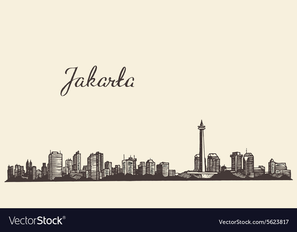 Jakarta skyline engraved drawn sketch