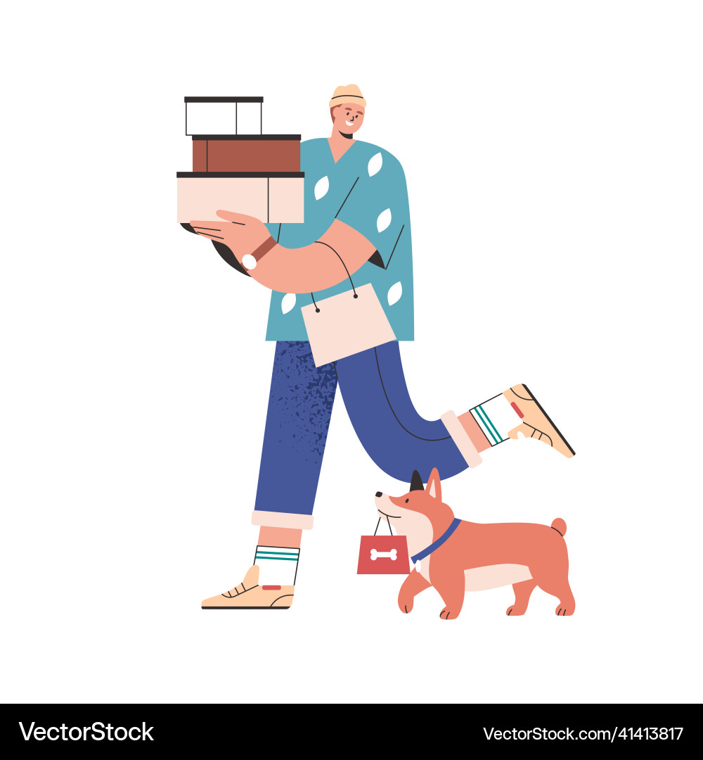 Man carrying boxes stack and bag after shopping Vector Image