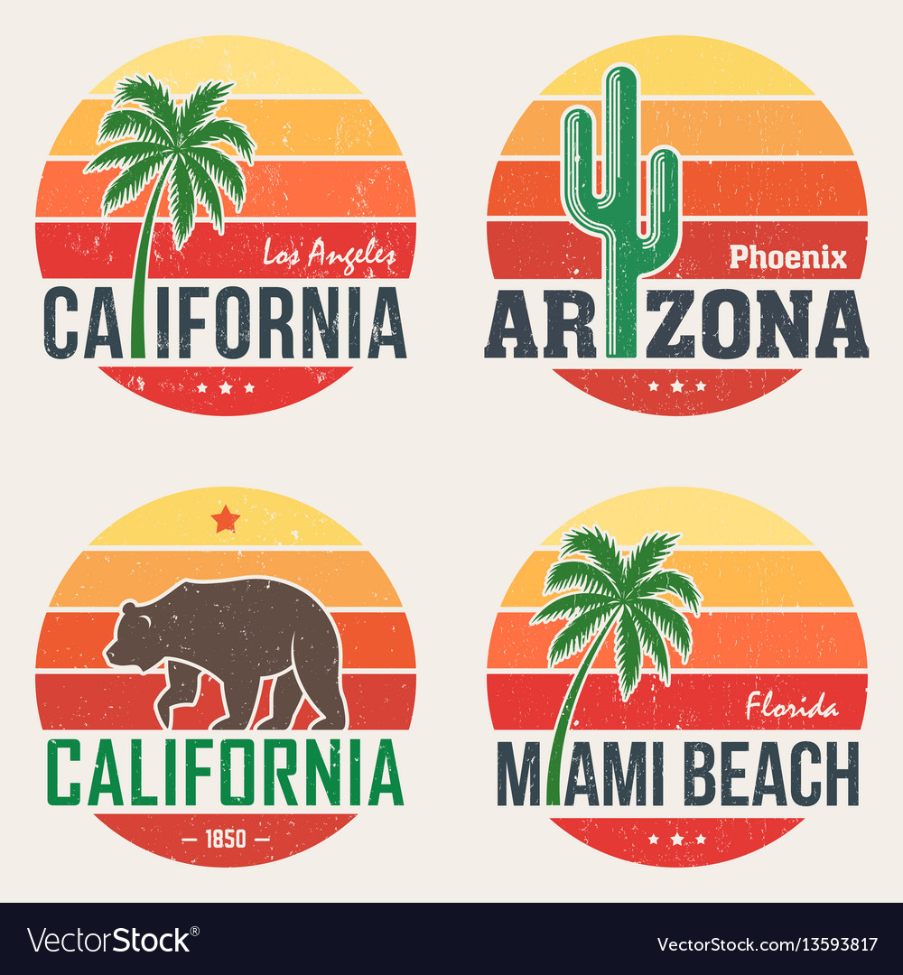 Set of california arizona miami t-shirt prints