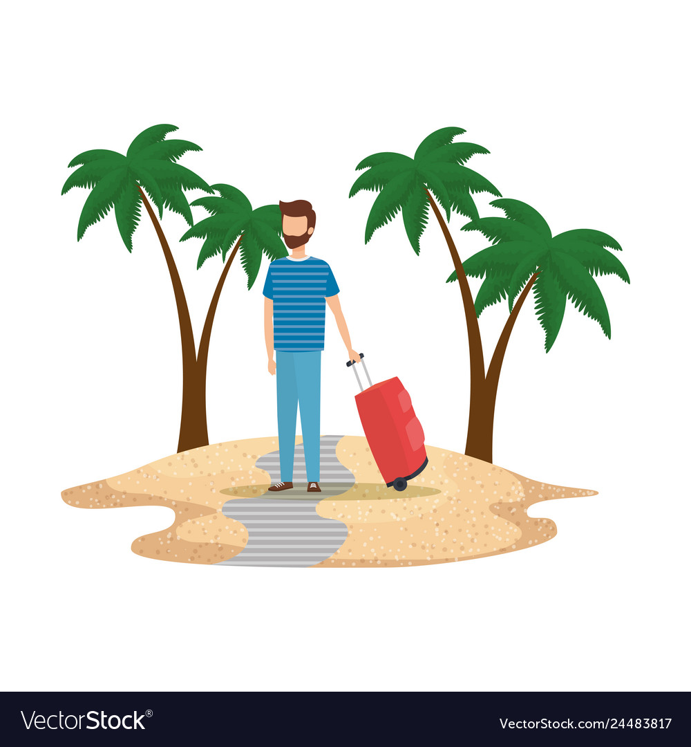 Young man with suitcase travel on the beach Vector Image