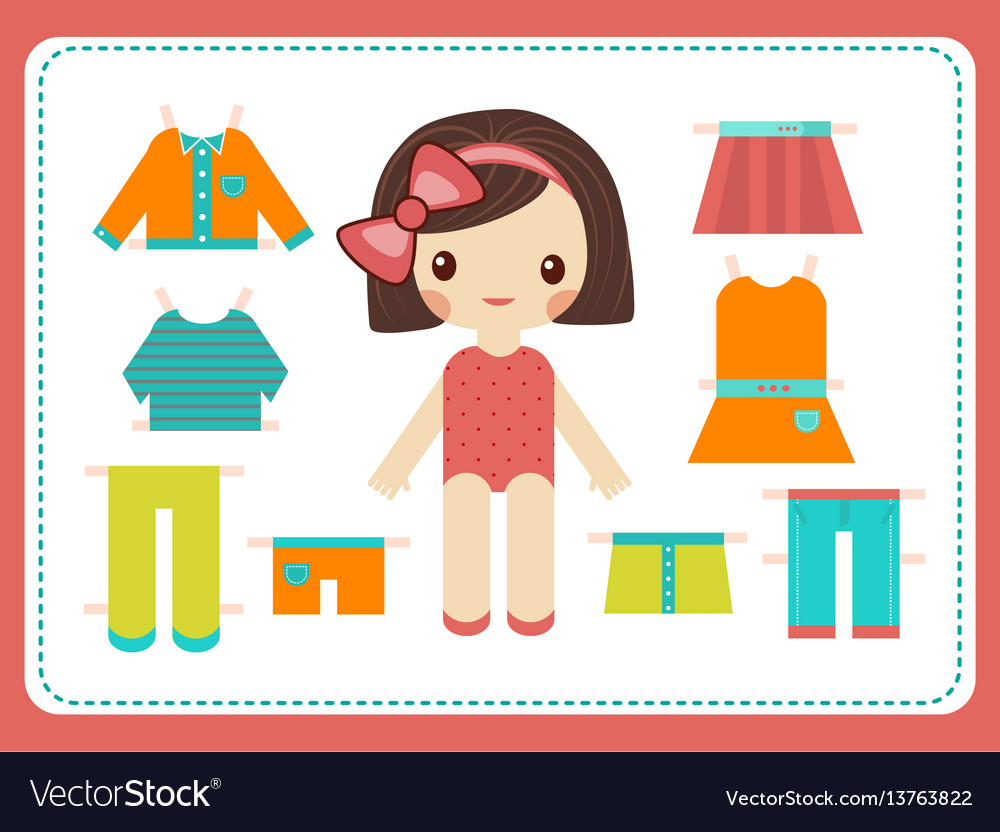 Cute female paper doll with the variety of bright Vector Image