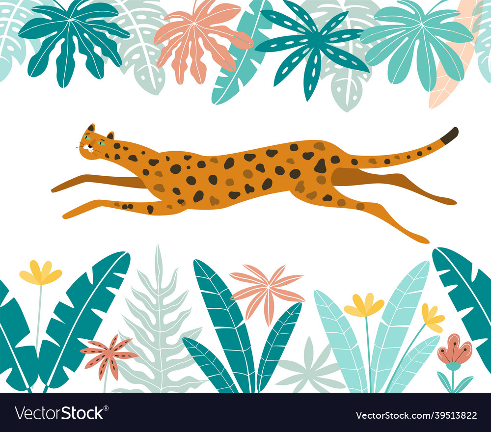 Cute leopard with tropical leaves running