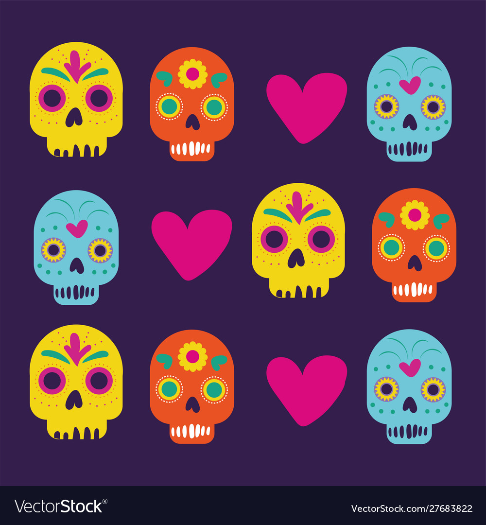 Dia de los muertos card with skulls and hearts