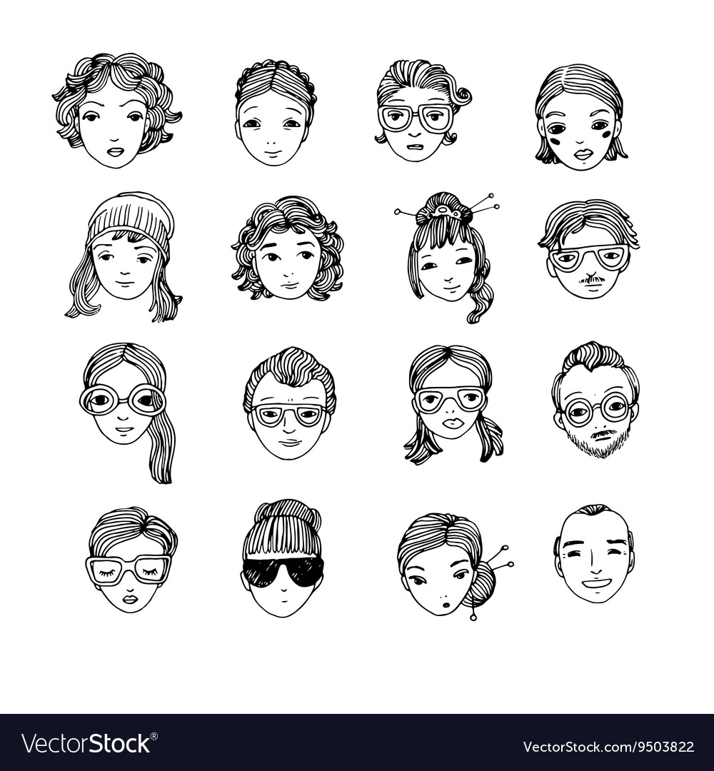 Different Faces Hand Drawing Isolated Objects On Vector Image