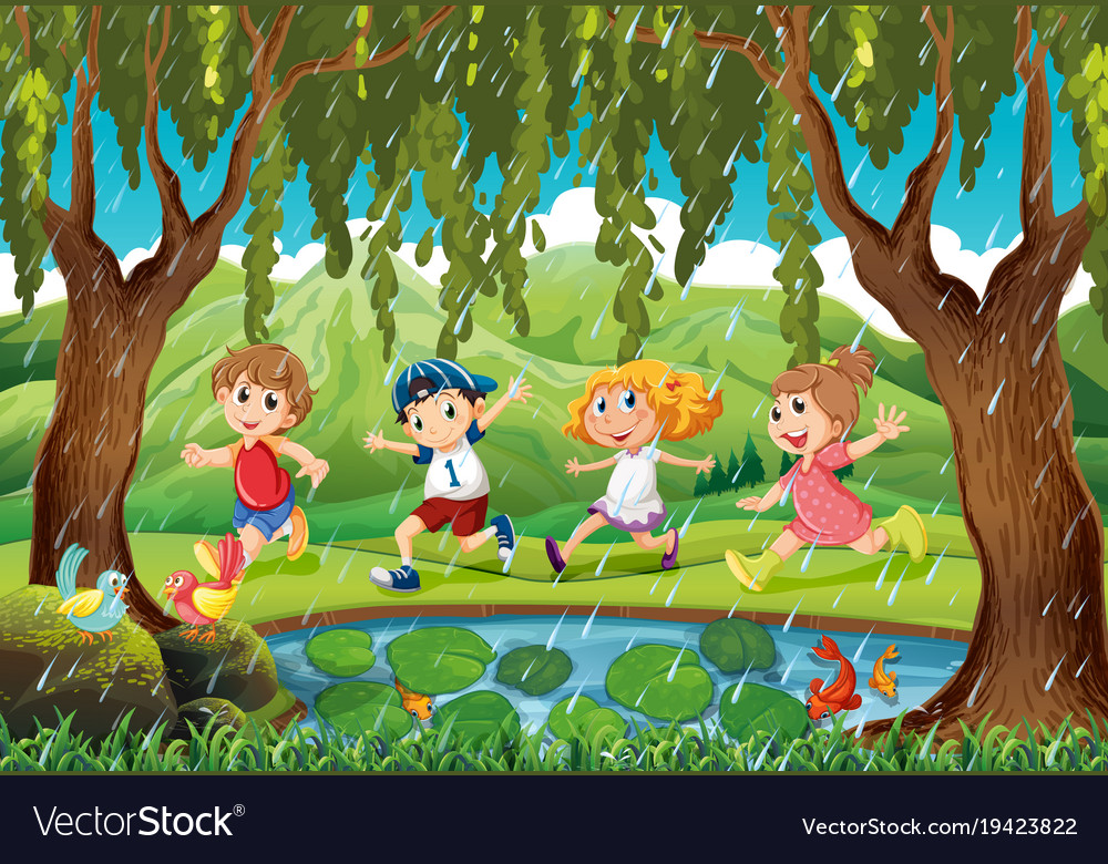 Raining scene with kids in forest Royalty Free Vector Image