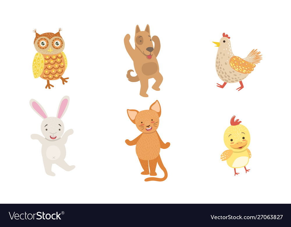 Cute smiling animals set happy owl dog hen Vector Image Cute smiling animals set happy owl dog hen Vector Image