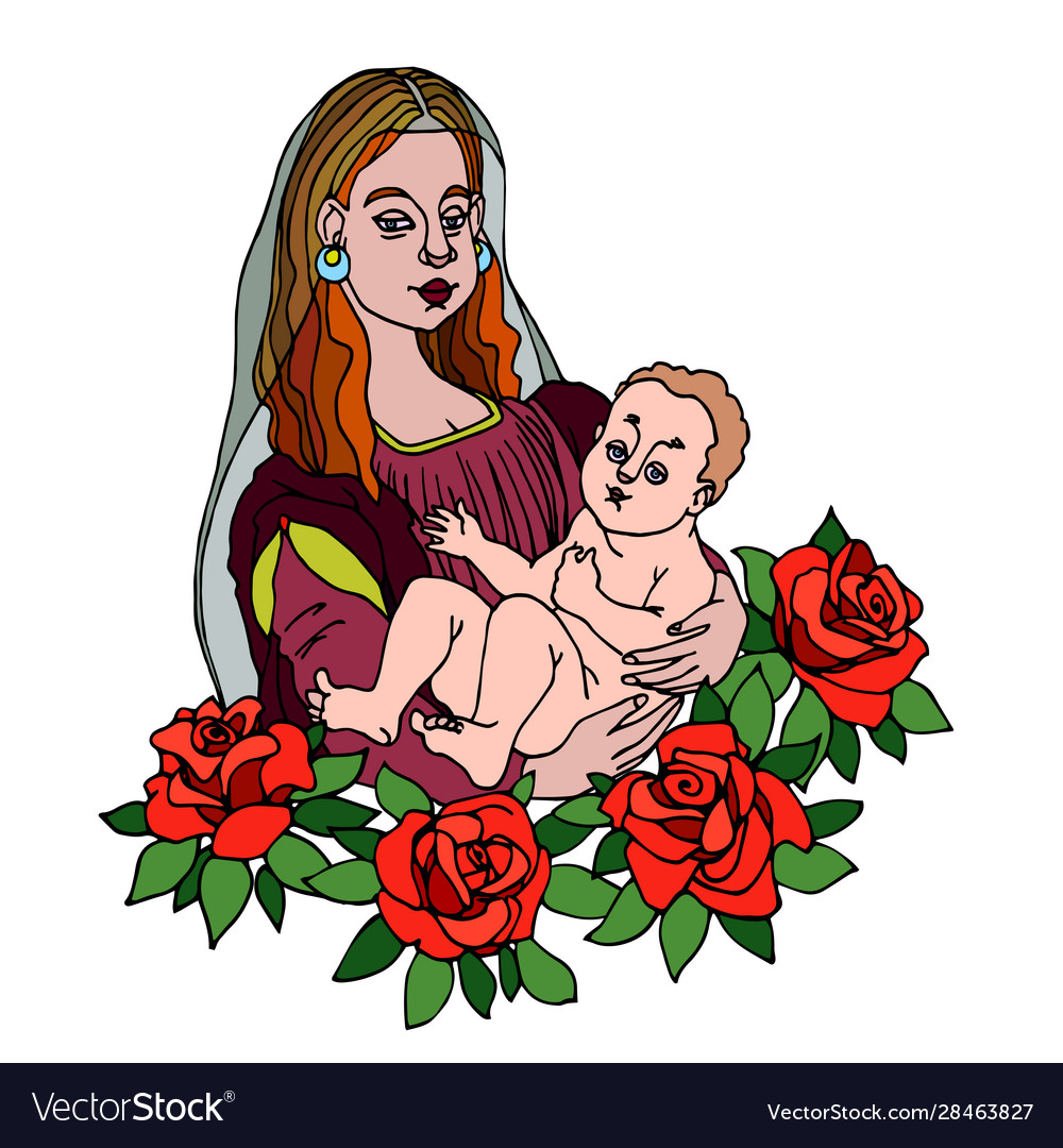 Madonna with her child in arms red roses Vector Image