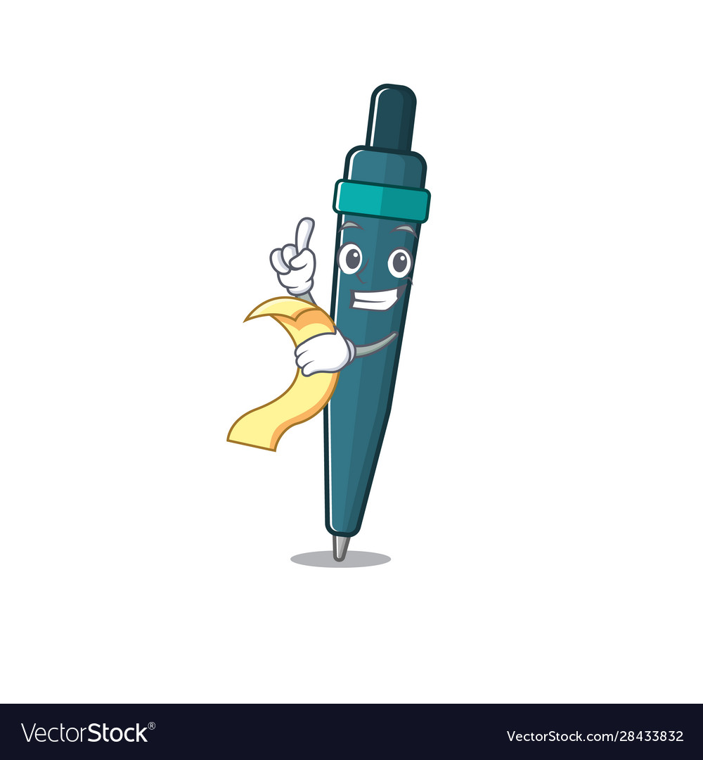 Fountain pen scroll cartoon character holding menu