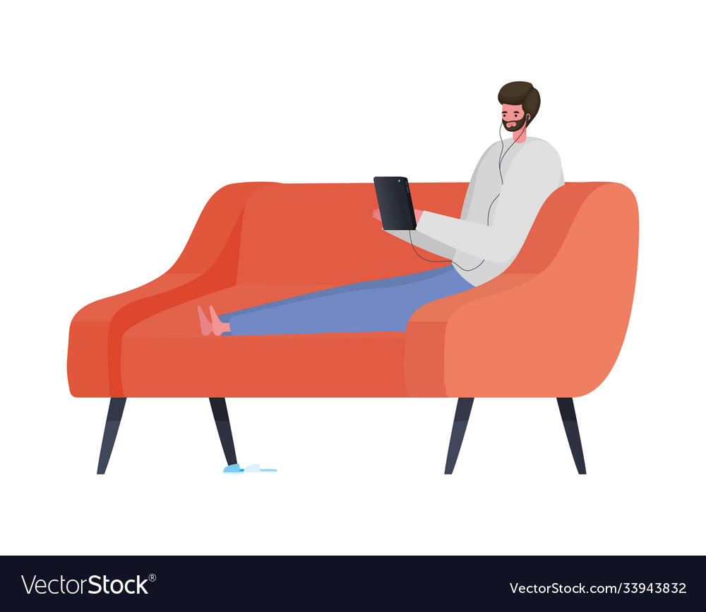 Man with tablet and headphone on couch working Vector Image