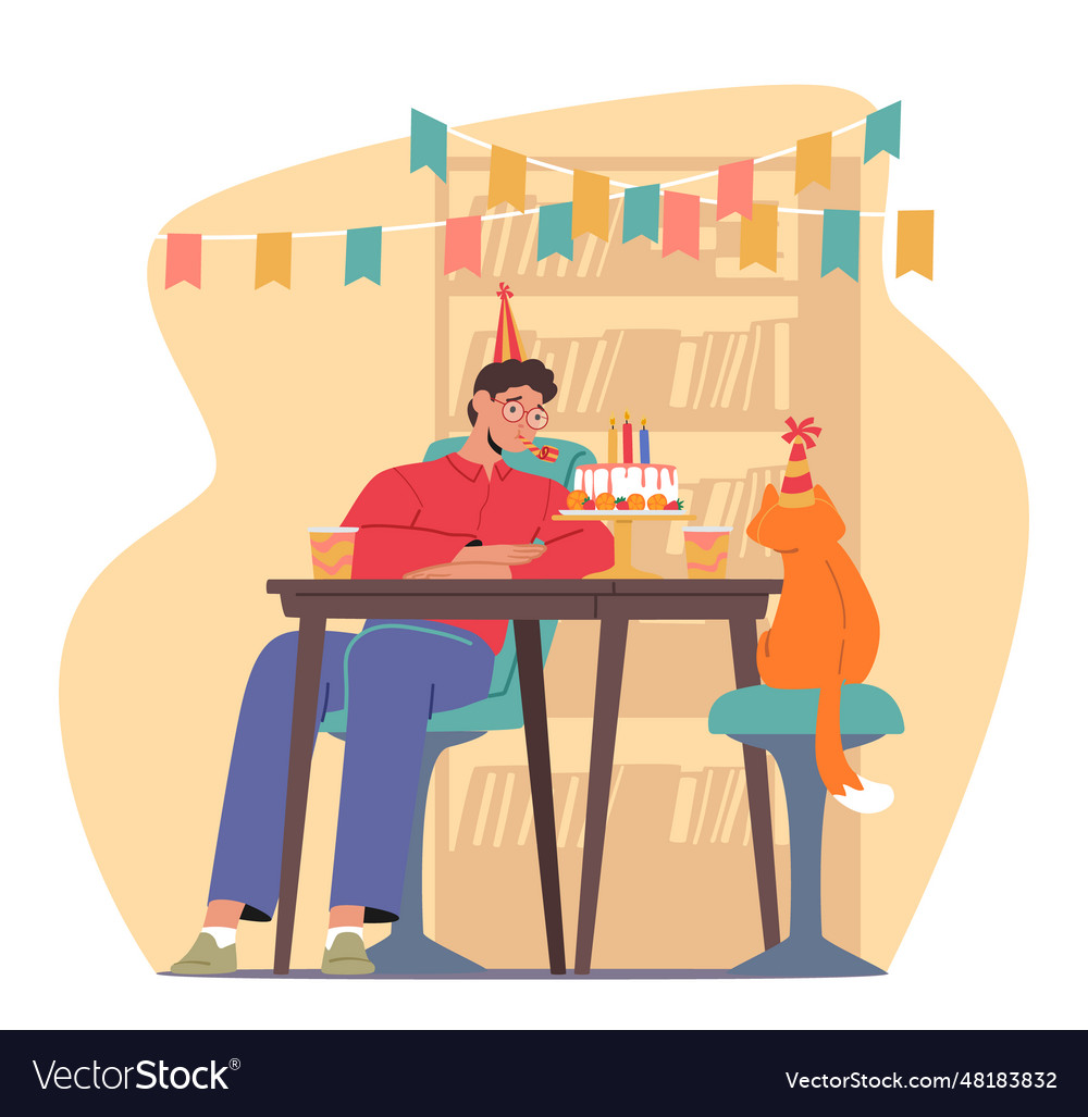 Somber isolated man celebrates his birthday Vector Image