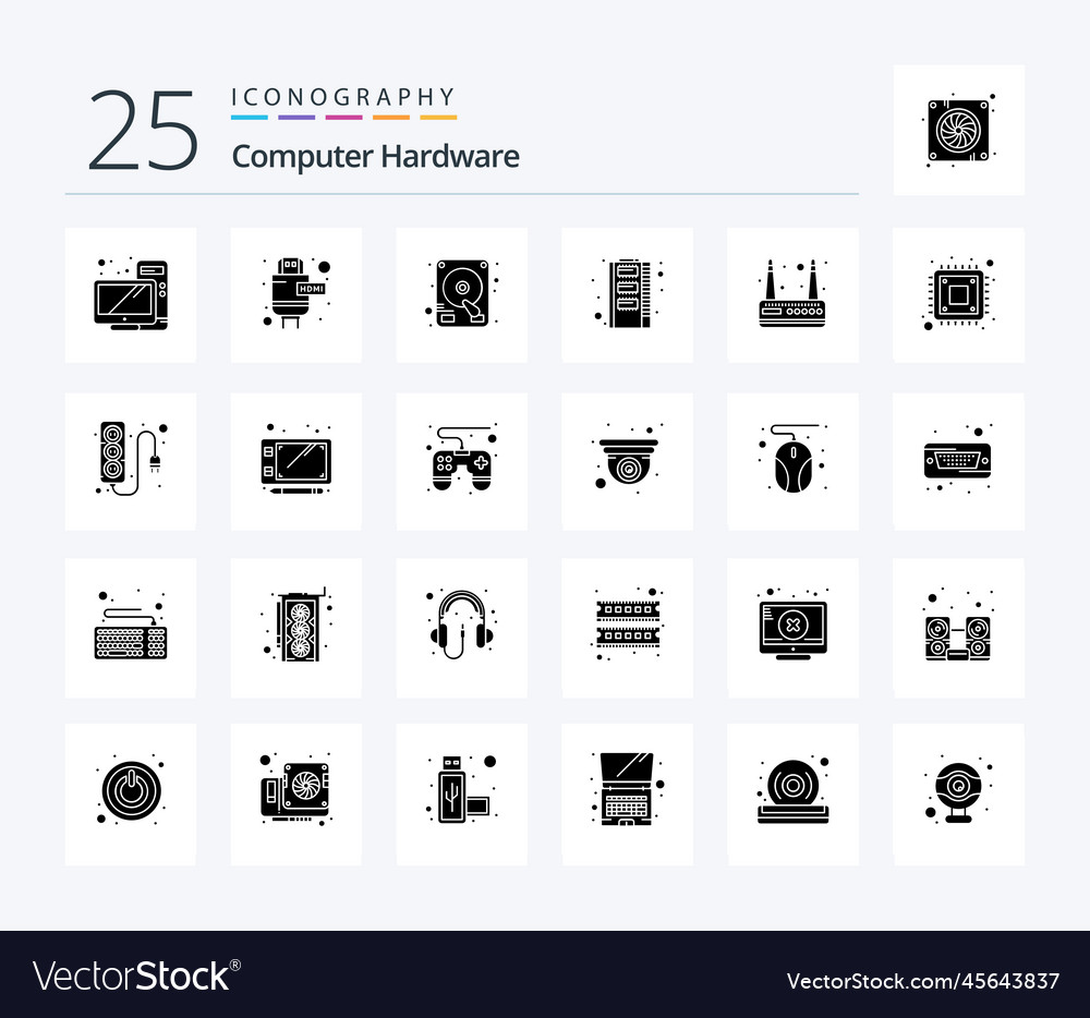 Computer hardware 25 solid glyph icon pack