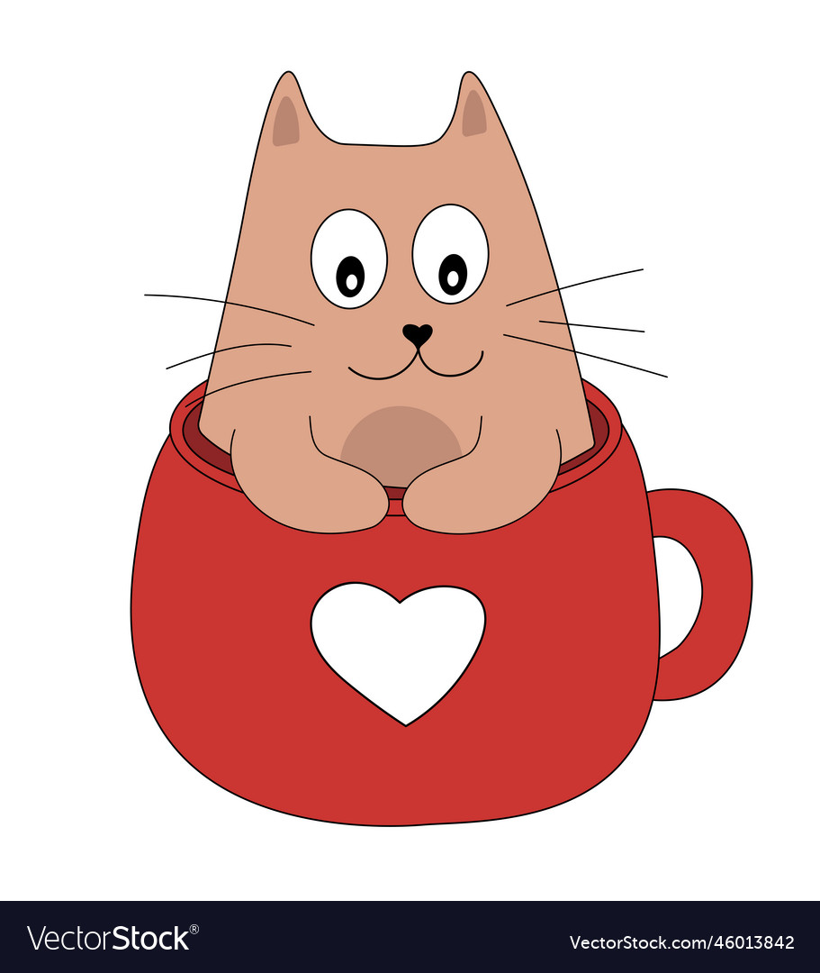 Cute cat in red cup with heart Royalty Free Vector Image