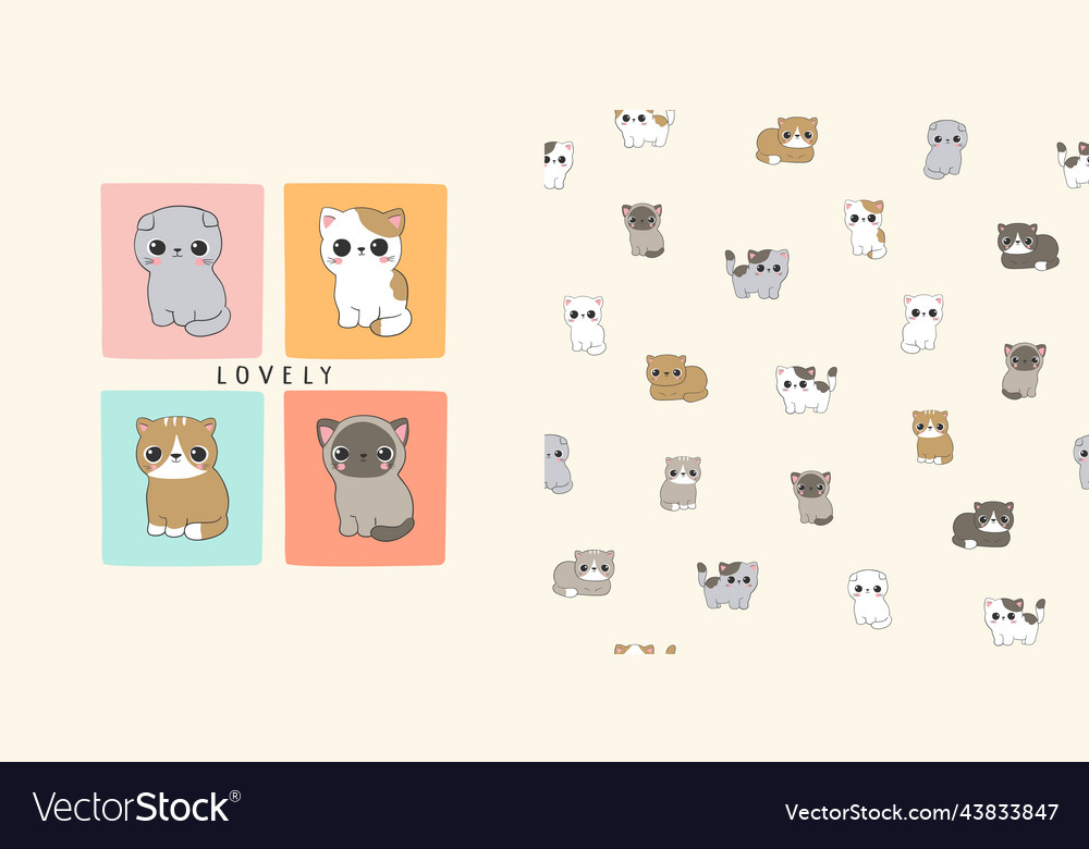 Cute kittens t-shirt design and seamless paterrn vector image Cute kittens t-shirt design and seamless paterrn