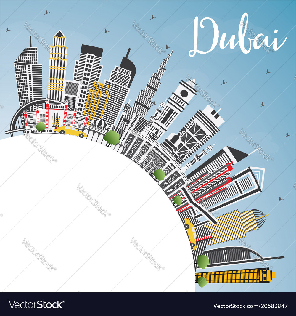 dubai uae city skyline with gray buildings blue vector image