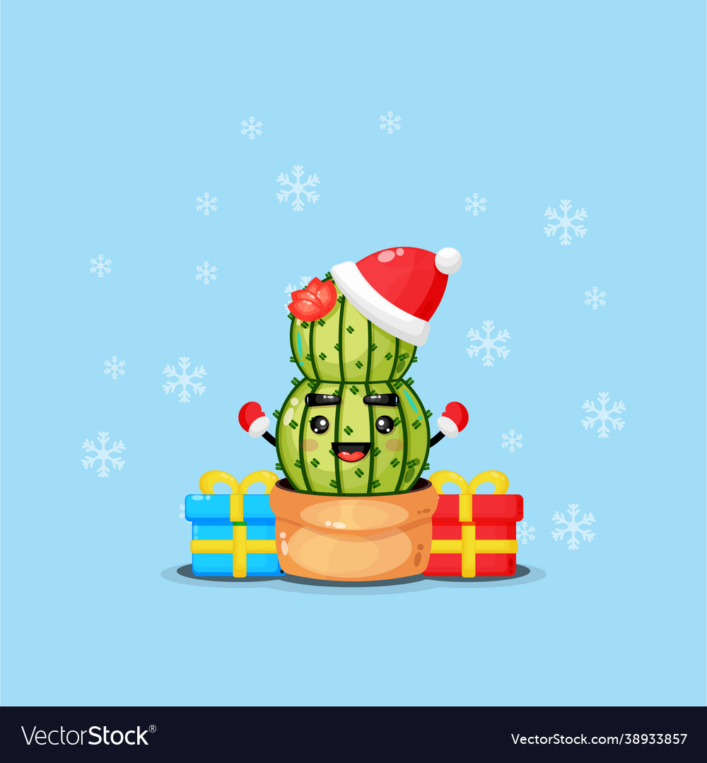 Cute cactus plant mascot celebrates christmas day