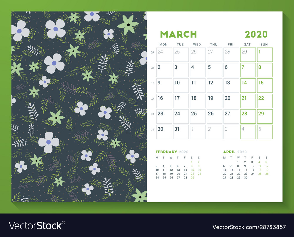 Desk calendar template for march 2020 week starts