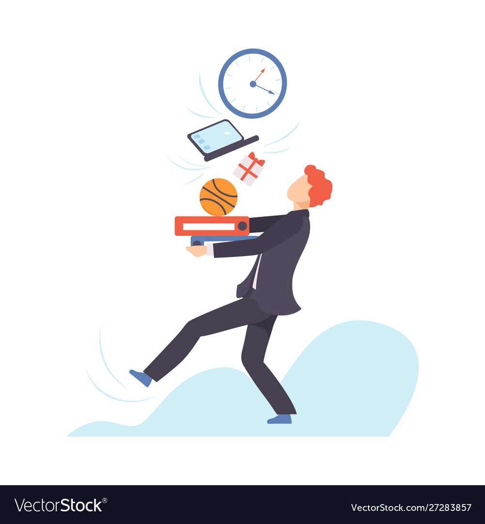 Man in a suit carries large stack different Vector Image