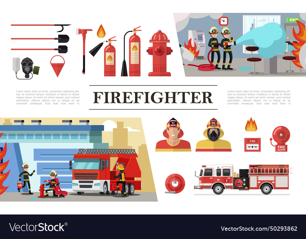 Flat firefighting elements composition Royalty Free Vector