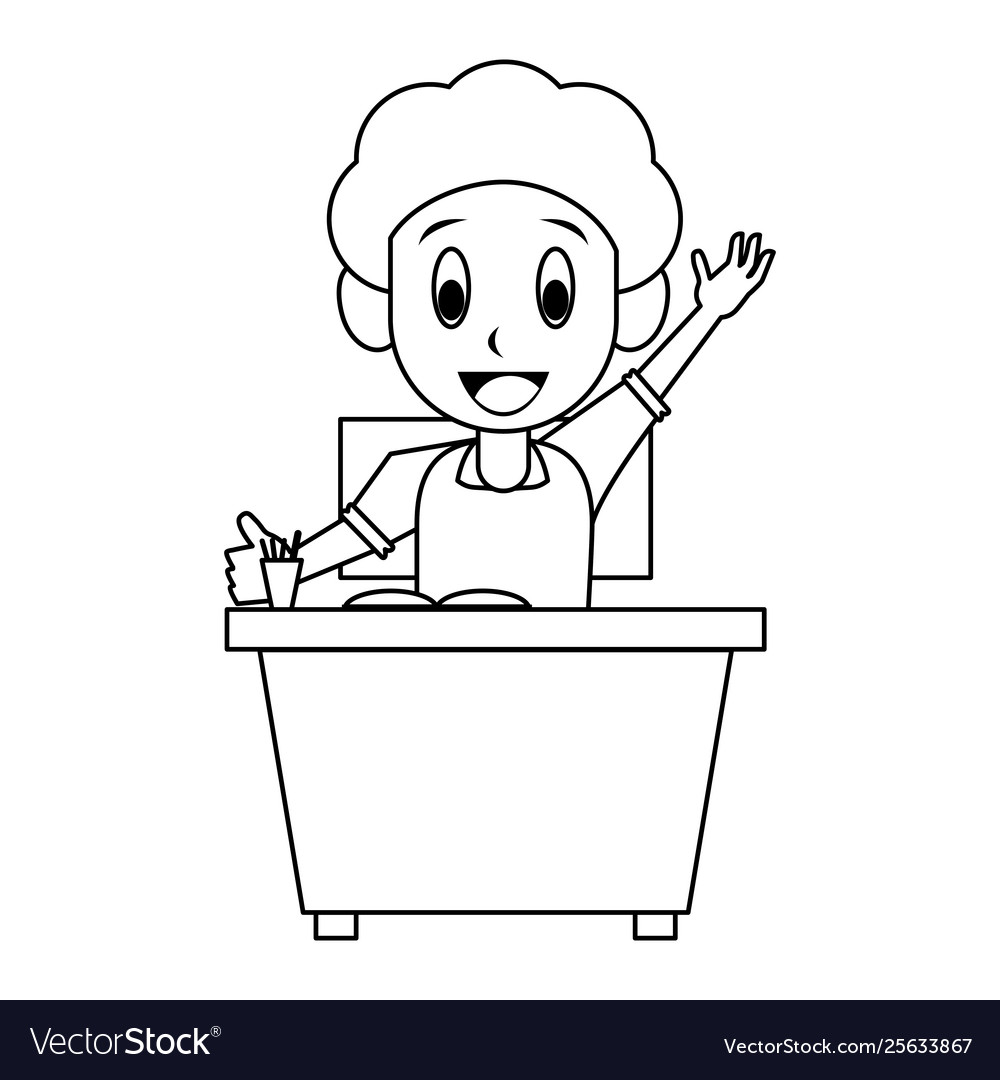 Kid seated in school desk black and white