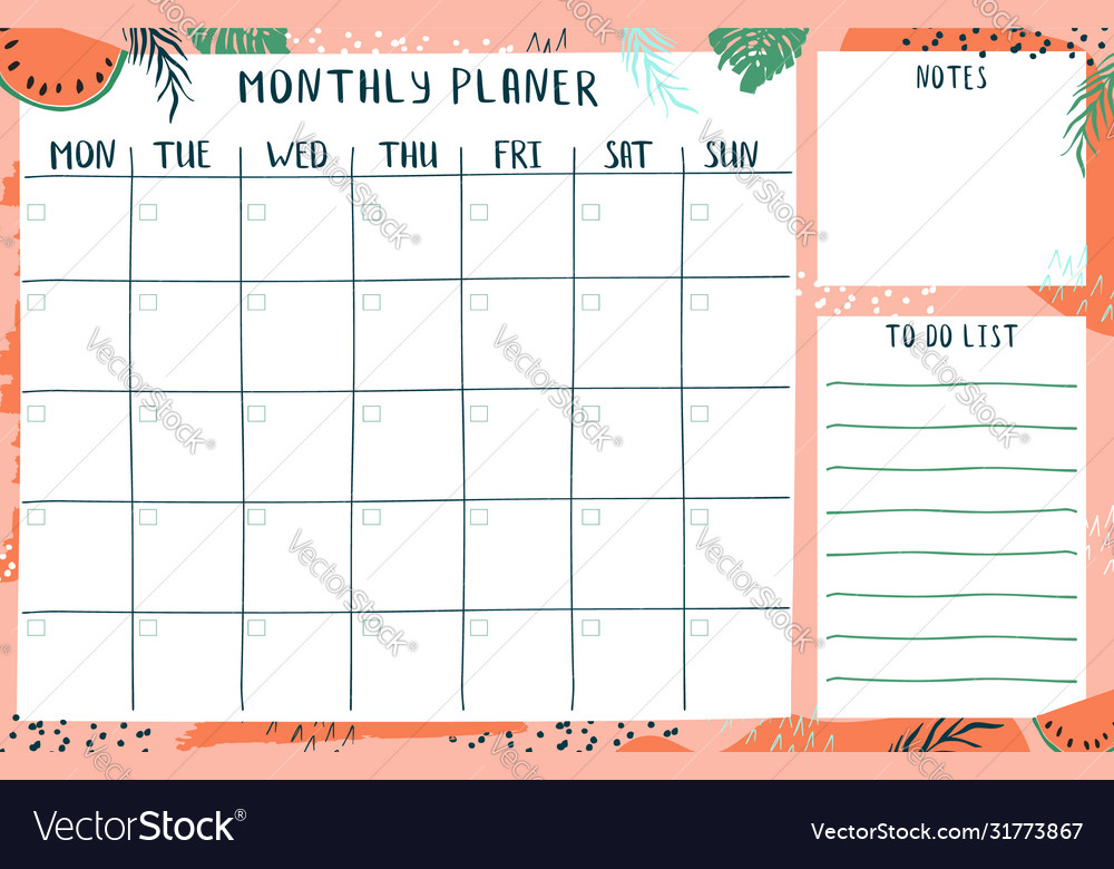 Monthly planner template with place for notes Vector Image