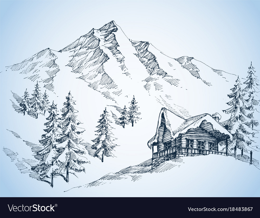 Nature In Mountains Sketch Winter Landscape Vector Image