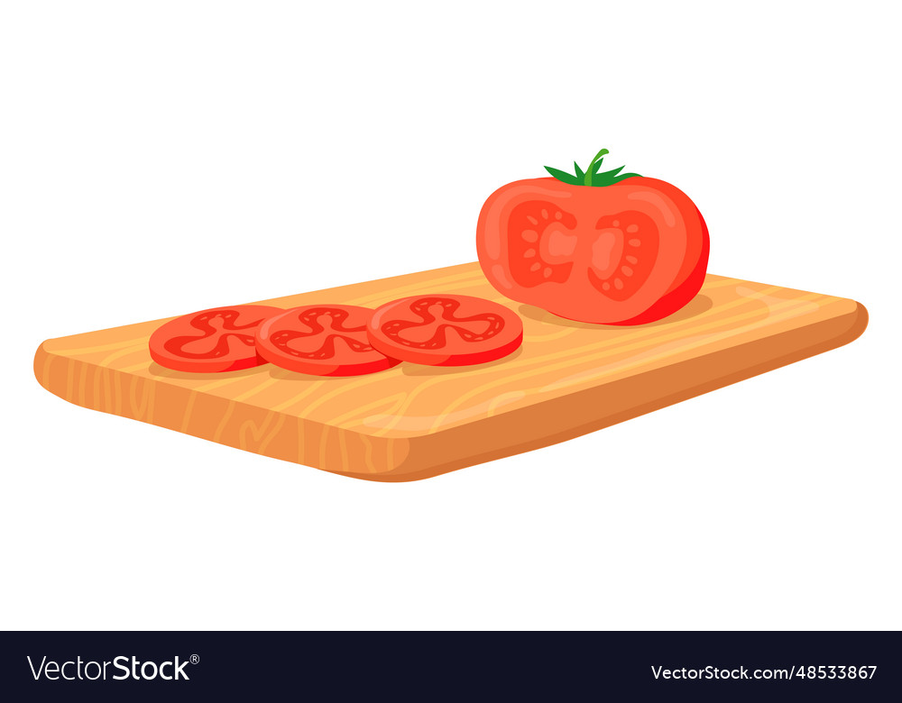 Tomato slices on cutting board cooking process