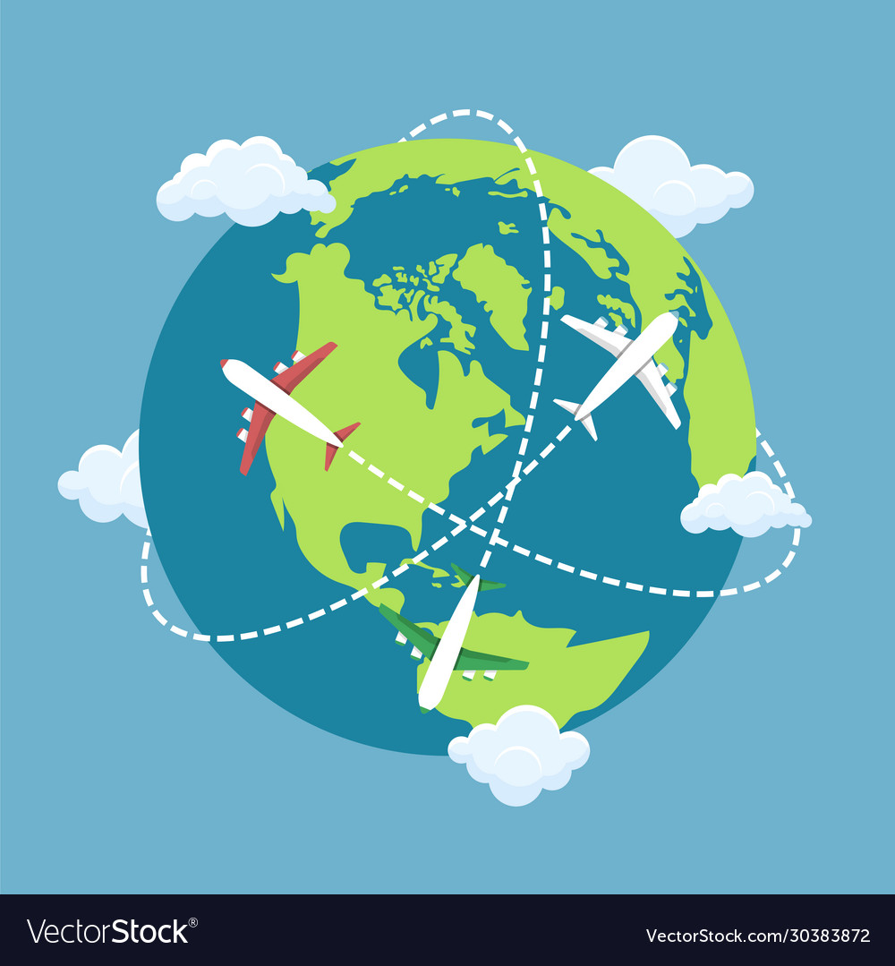 Plane flying around world Royalty Free Vector Image