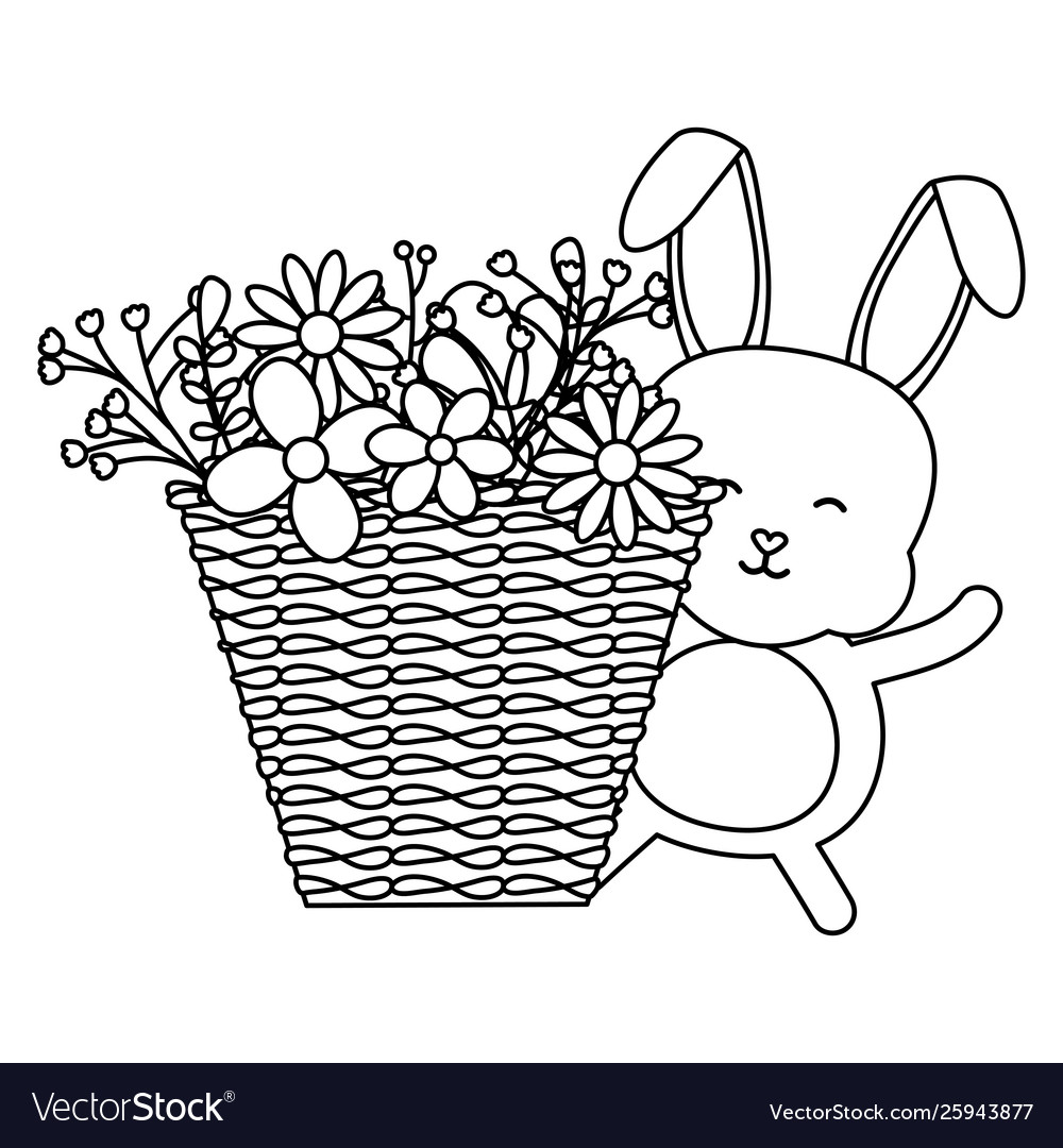 Cute little rabbit with basket straw and flowers