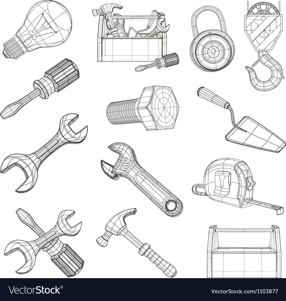 hand sketch icons set of carpentry tools a saw pliers screwdriver and  tape measure  Stock Image  Everypixel