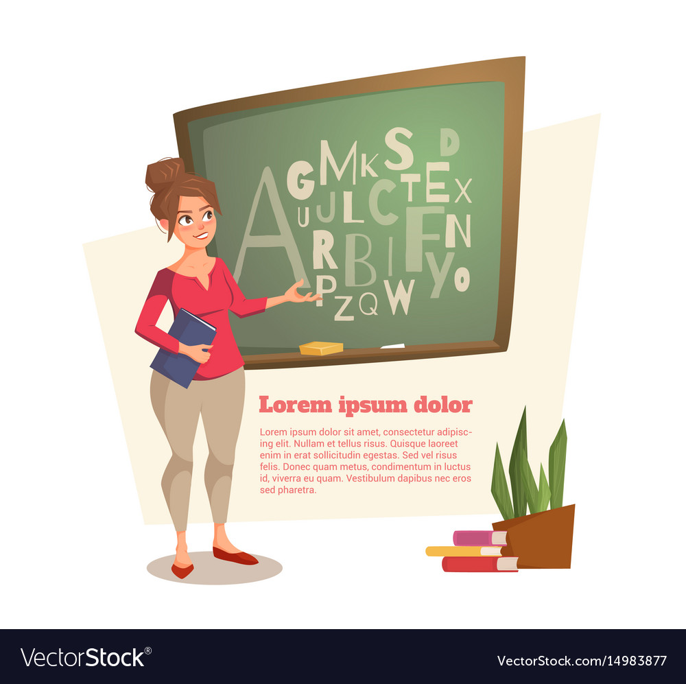 Female teacher shows on the board where the Vector Image