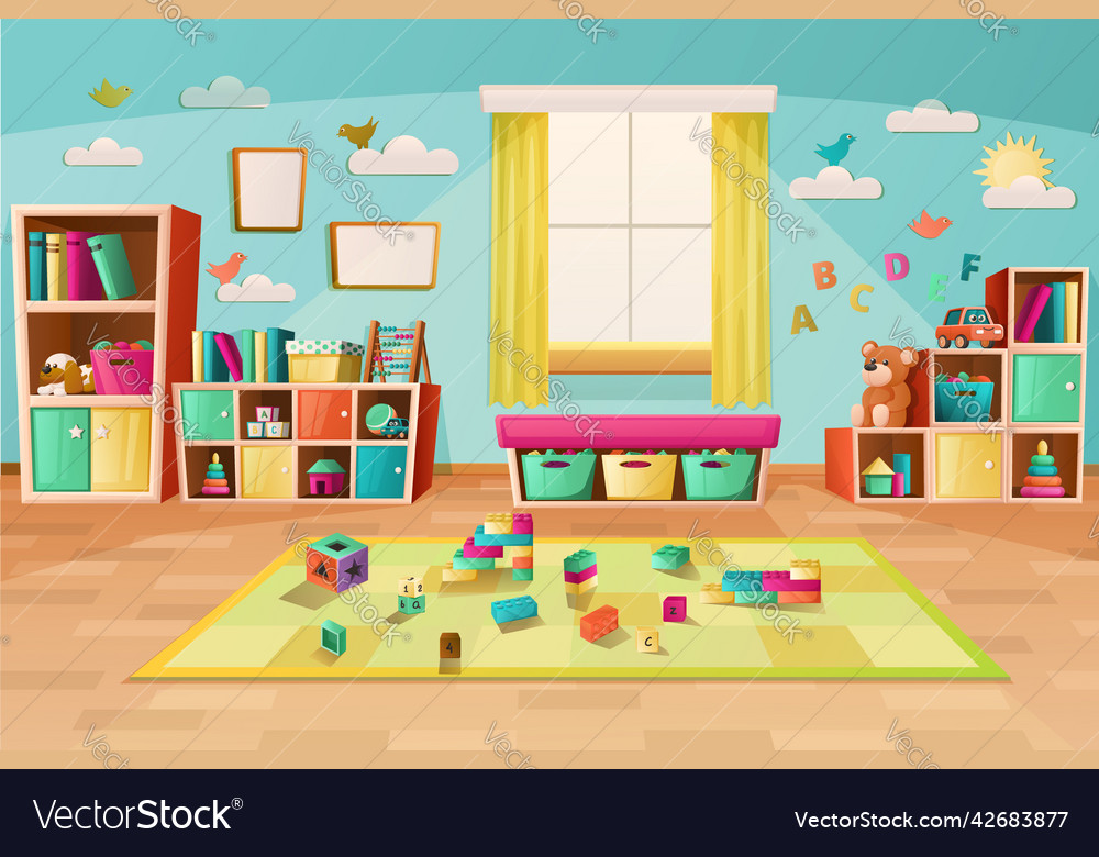 Kindergarten playroom cartoon background Vector Image