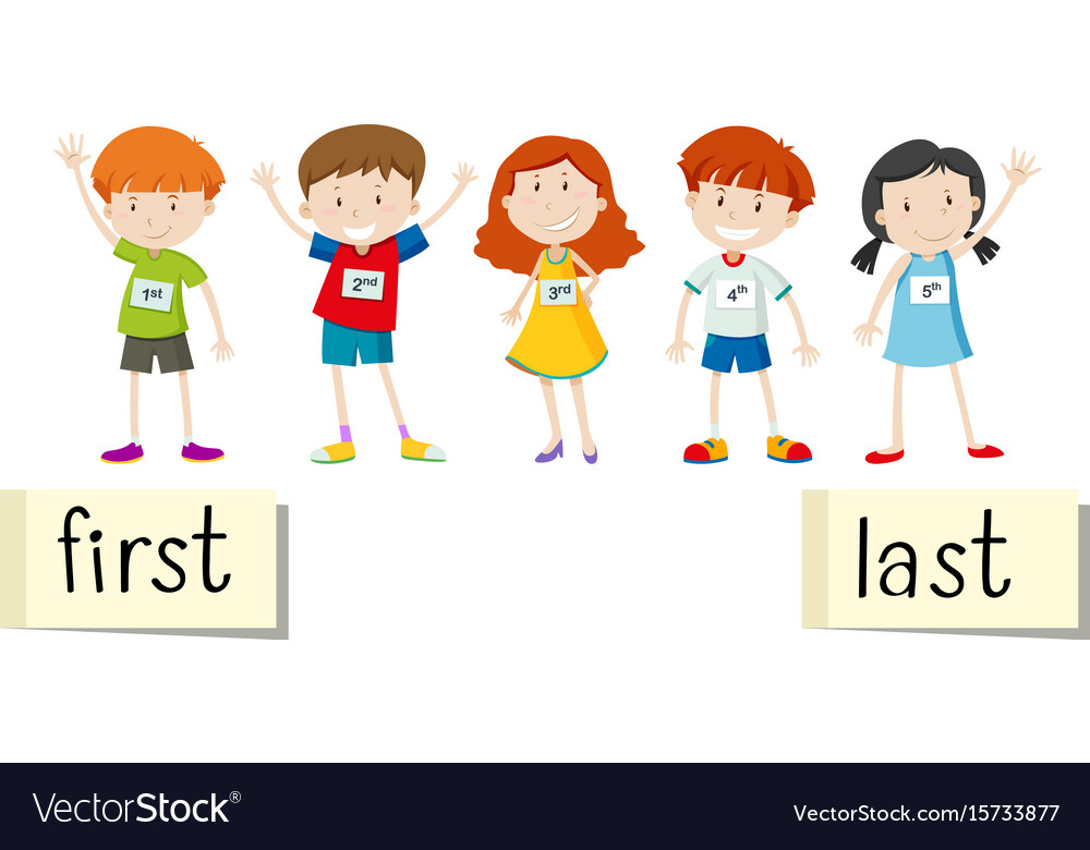 Premium Vector  First and last. vector antonyms. first, last, and  opposites. cartoon characters illustration