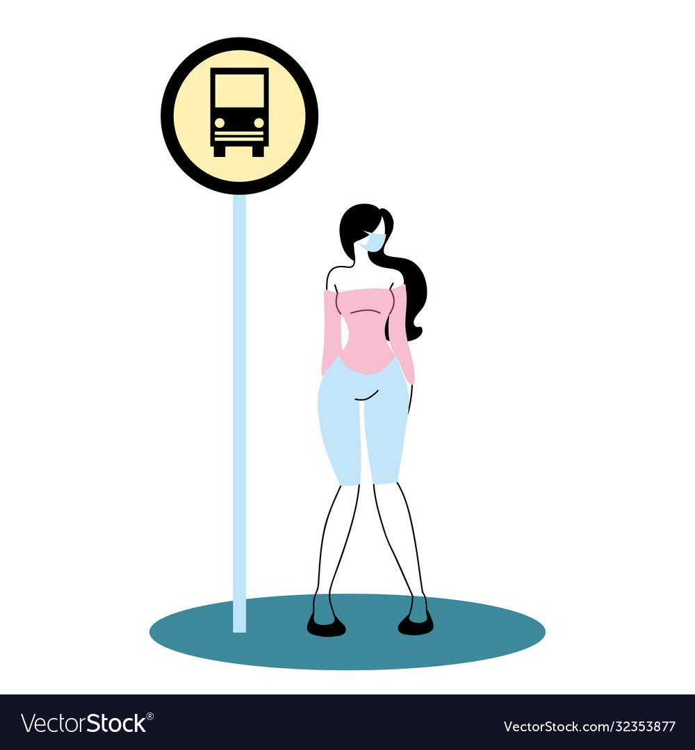 Woman with mask on bus stop