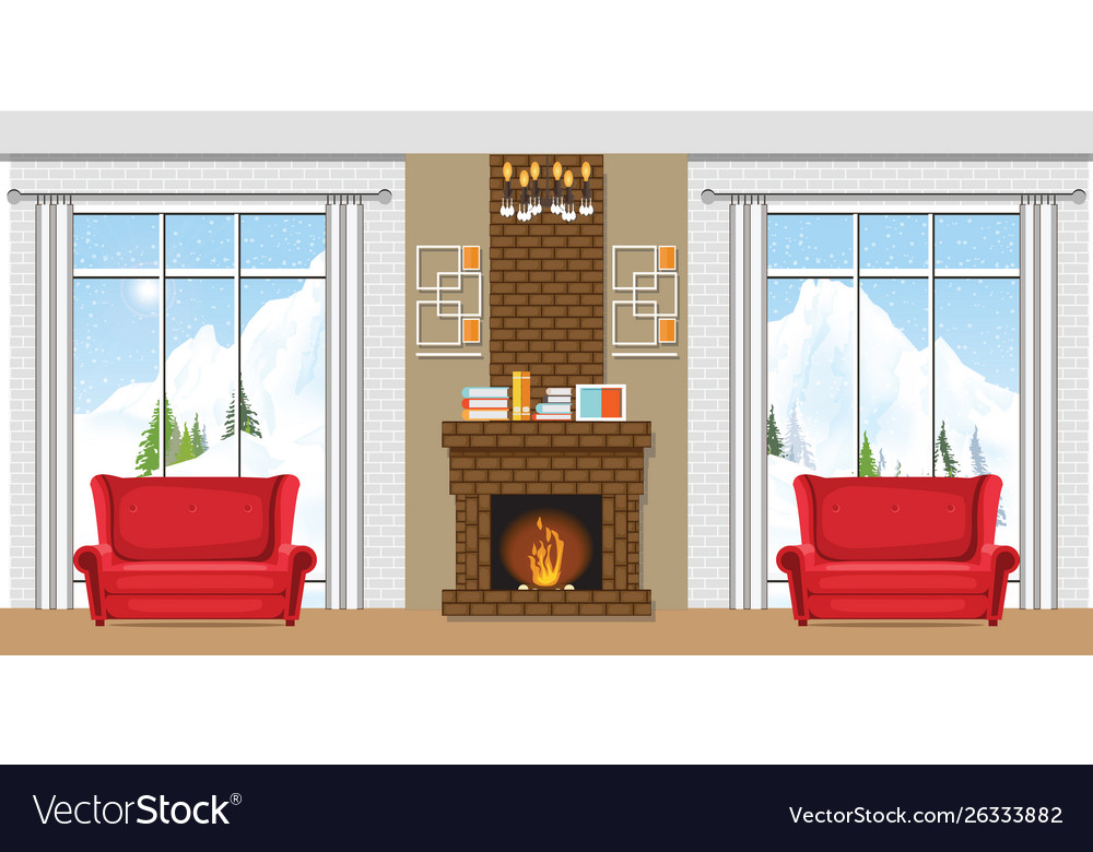 Winter home interior with a fireplace