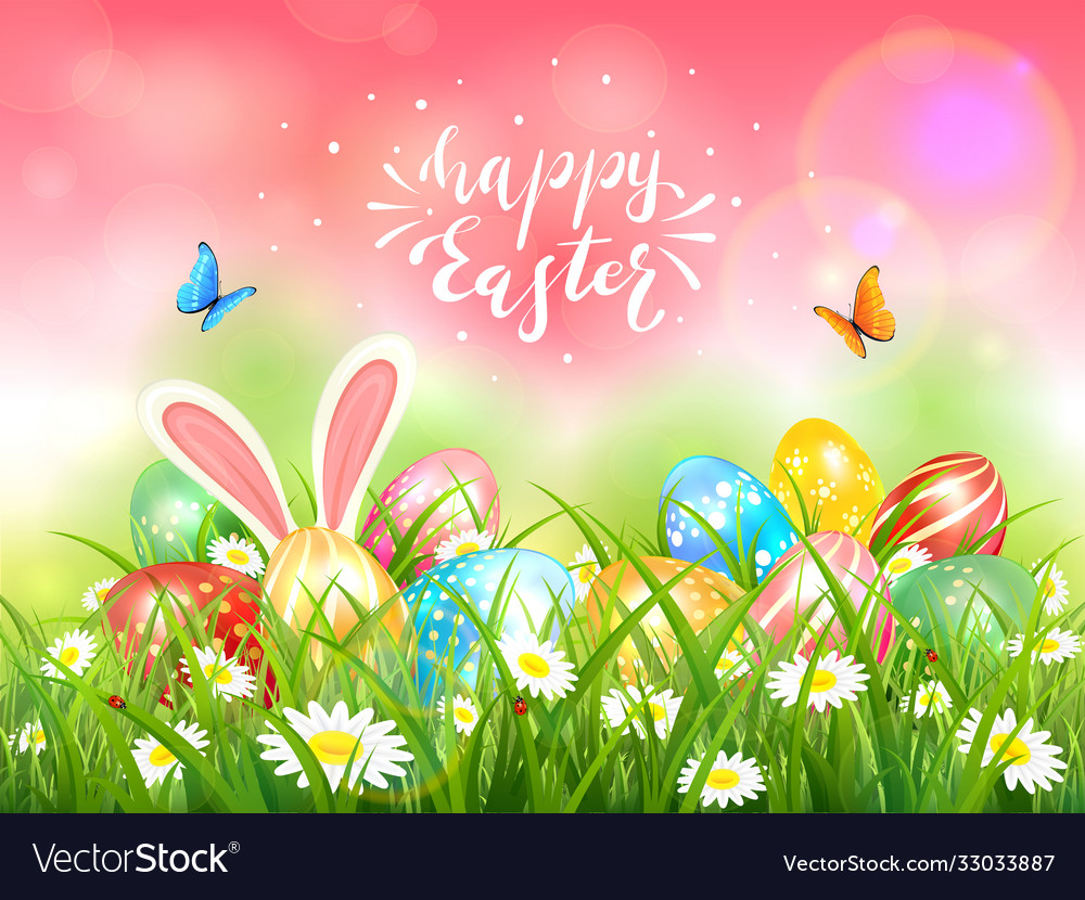 Rabbit and easter eggs in grass on pink nature