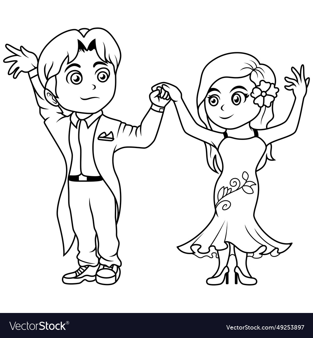 Cartoon little boy and girl dancing line art