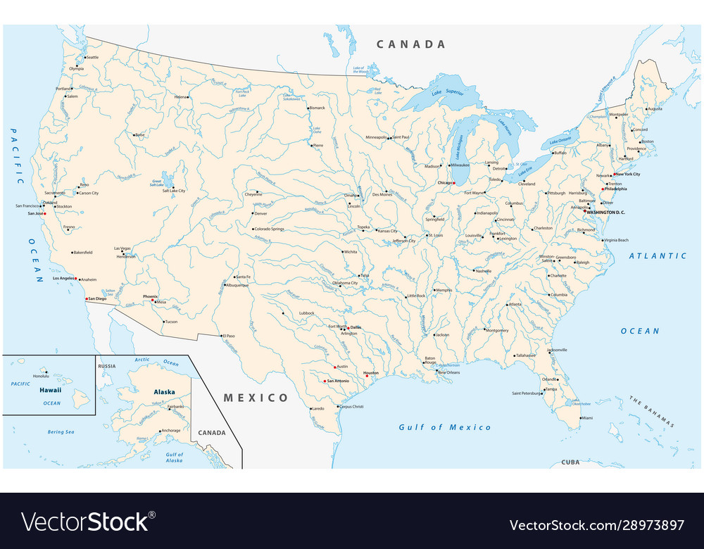 United States Map Rivers Map United States With Major Cities And Rivers Vector Image