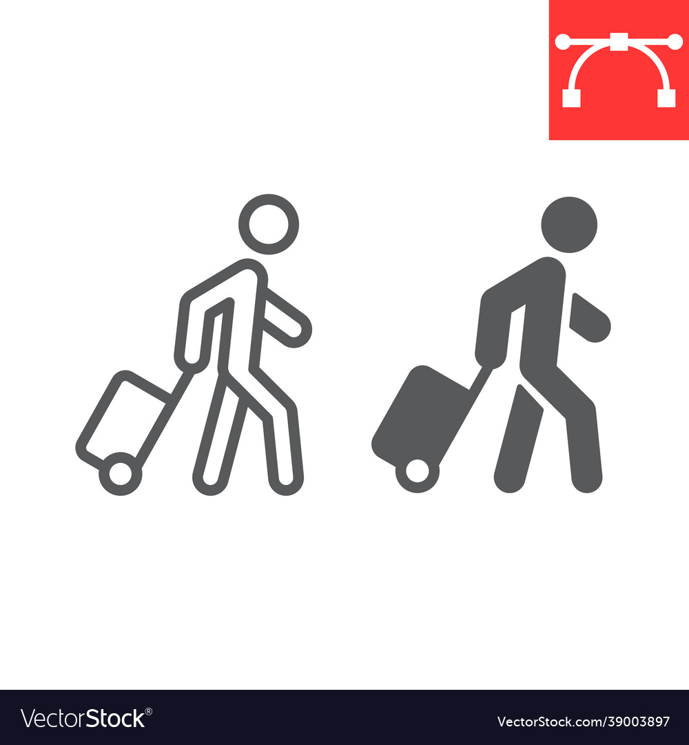 Person pulling luggage line and glyph icon