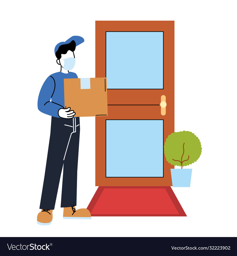 Man with mask and box outside door design Vector Image