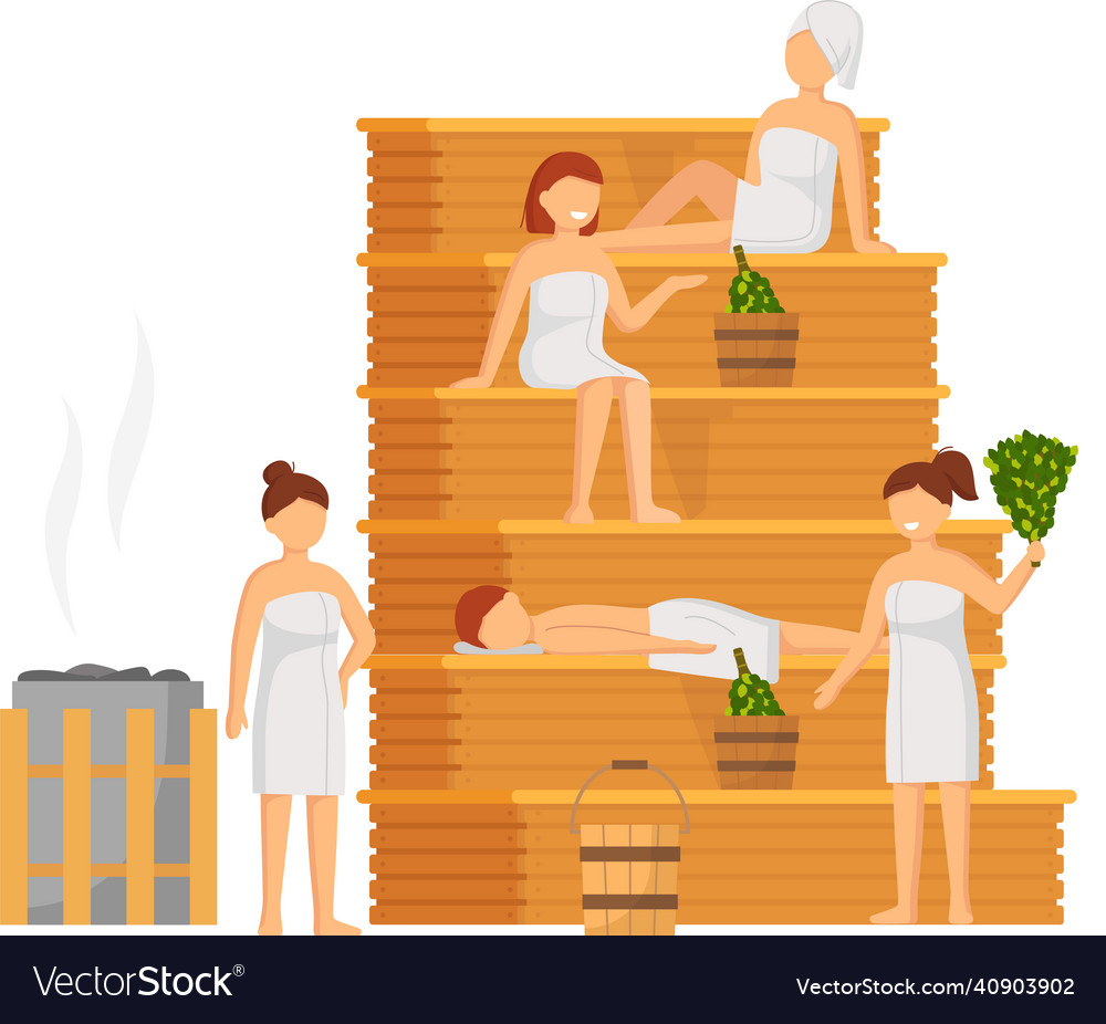 Sauna and steam room set of people in Royalty Free Vector